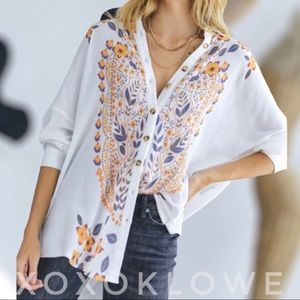 Davi & Dani White Boho Floral Blouse | Oversized Button Down